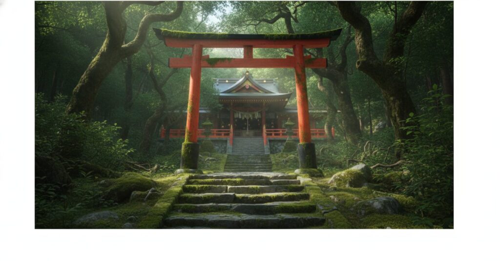 深い森の中に佇む丹内山神社の鳥居と社殿。緑と朱色のコントラストが美しい。