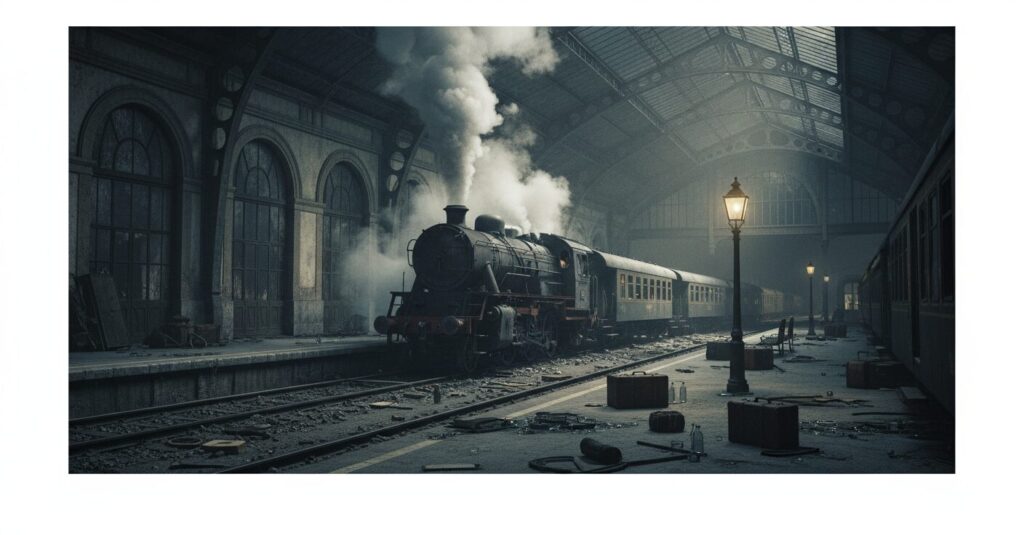 夜の三鷹駅構内で脱線転覆した無人列車のイラスト。戦後混乱期の不穏な空気を表現。