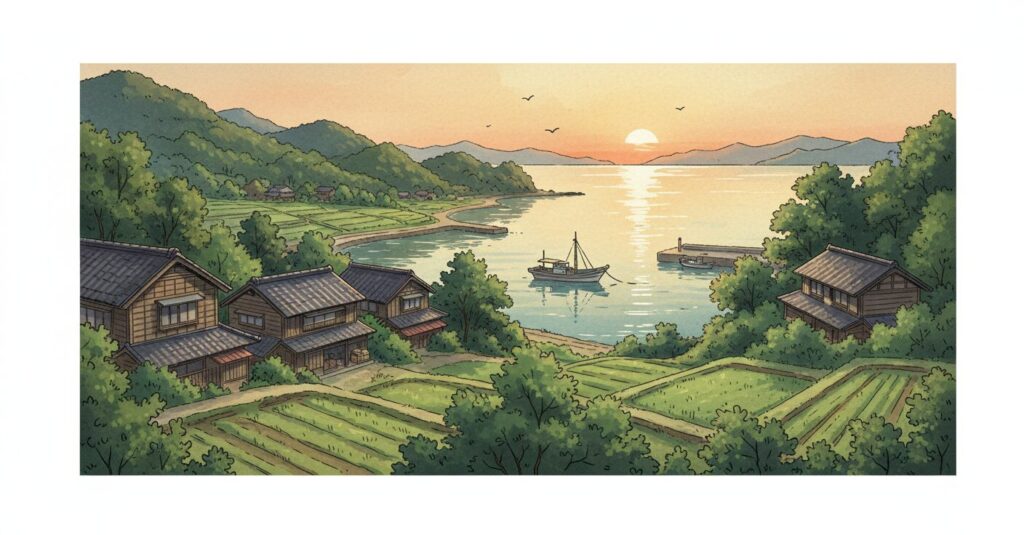 富山県の漁港近くの静かな田舎の風景