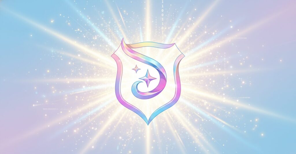 光り輝く抽象的なシンボルとデジタル要素が融合した神秘的なイメージ