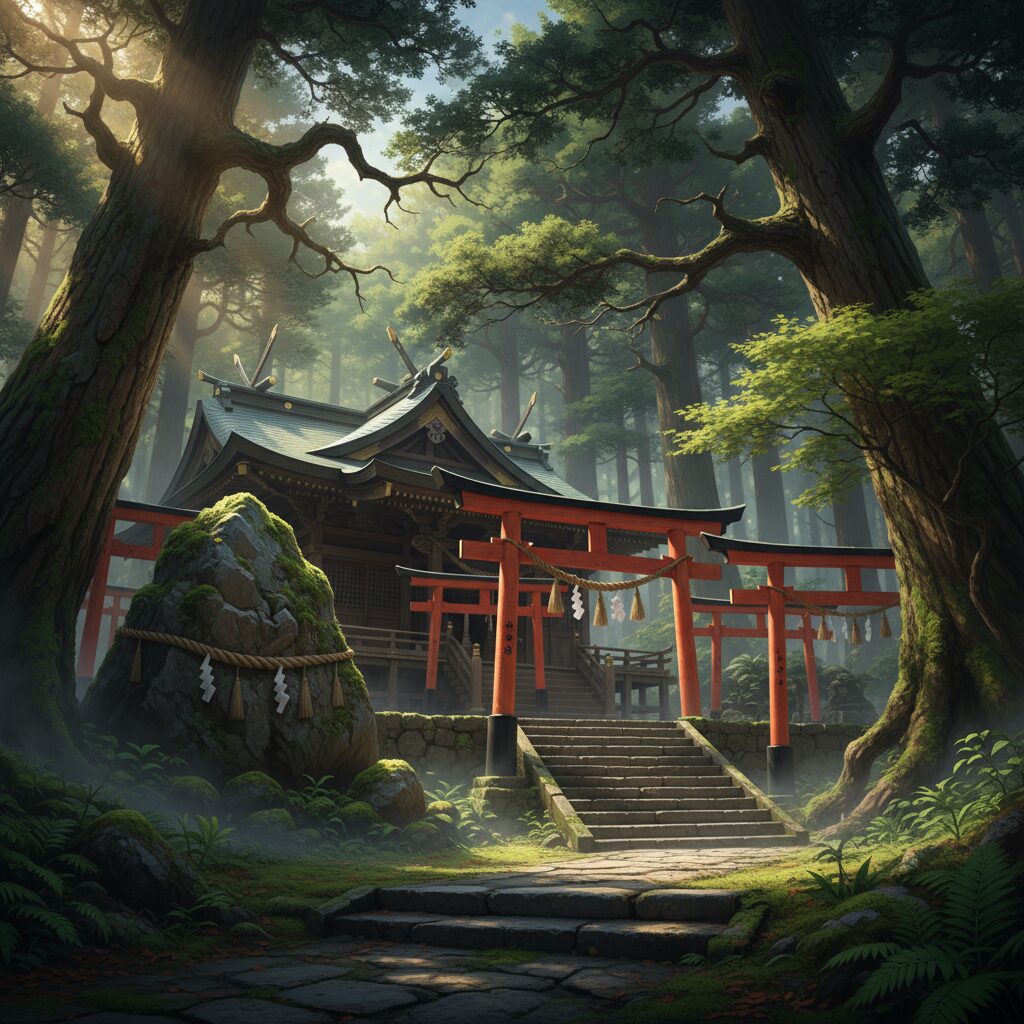 霧に包まれた深い森の中にひっそりと佇む丹内山神社。苔むした石段と鳥居が見え、巨石がご神体として祀られている様子が神秘的な雰囲気を作り出している。