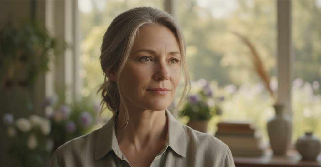 思慮深く、落ち着いた表情の中山忍さんの肖像。更年期と姉の逝去を経て、内なる強さを示す姿。