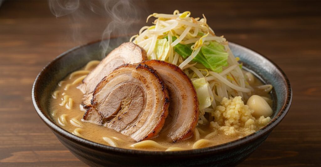 春日井市のラーメン道 時の鐘で提供される、豚骨醤油ベースのスープに極太麺、炙りチャーシュー、野菜がたっぷりの二郎系ラーメンのクローズアップ。