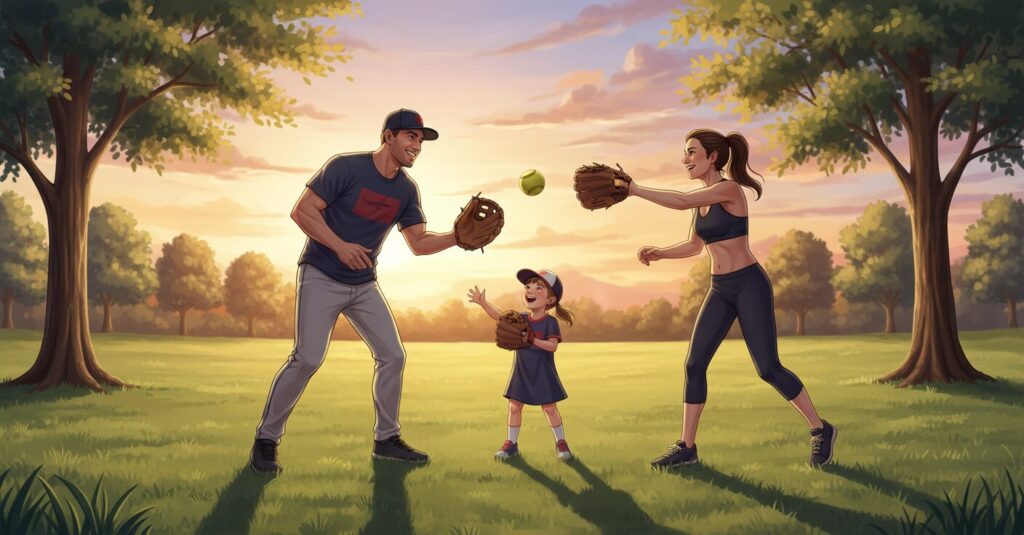 公園でキャッチボールをする山川穂高選手と妻の麻衣子さん、娘の真央ちゃん