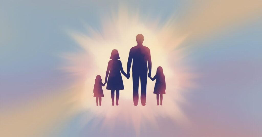 西田亮介氏の家族を抽象的に表現したイラスト。父親、母親、2人の子供のシルエットが描かれ、プライバシーを尊重しつつ、家族の温かい雰囲気を伝えている。