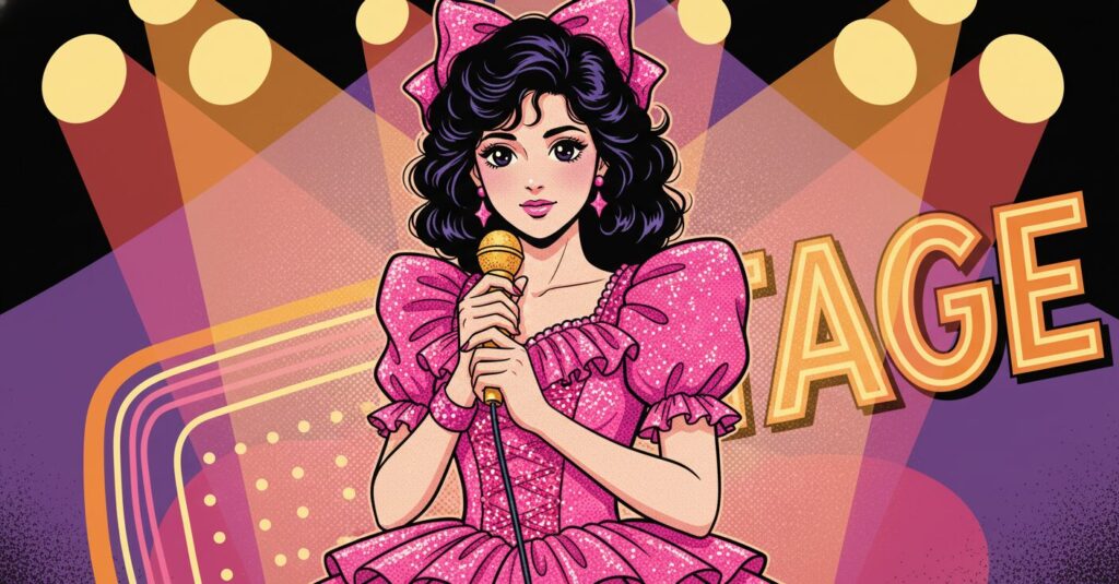 80年代アイドルの衣装を身に着け、マイクの前に立つ若き松本明子さん