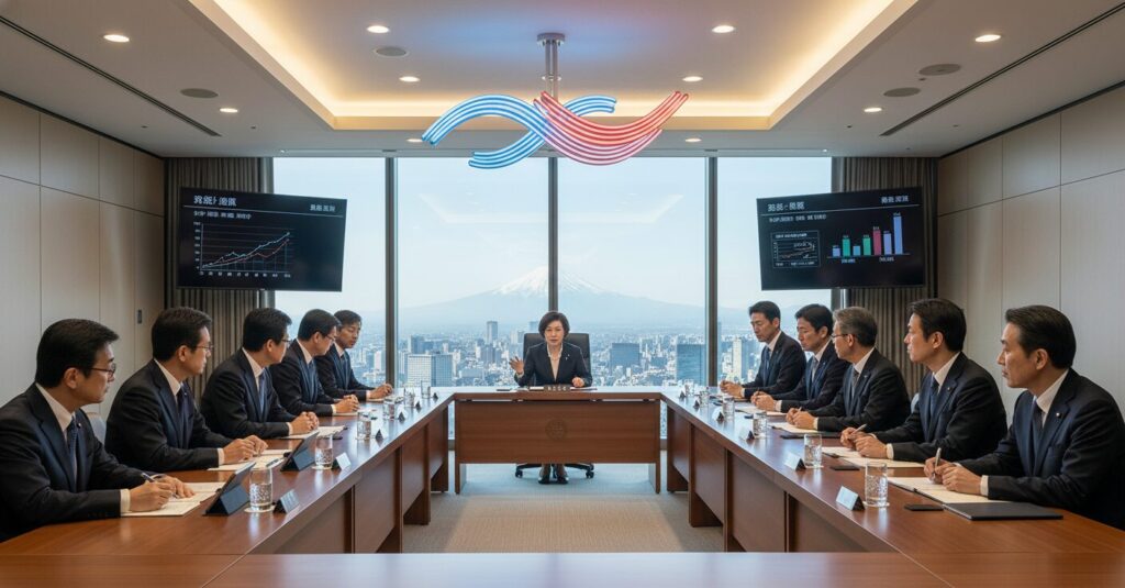 政府の閣僚たちが会議室で真剣に議論している様子。現代的で清潔感のある空間。