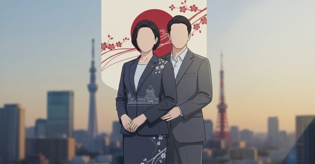 日本初の女性首相高市早苗氏と、夫であるファースト・ジェントルマン山本拓氏の象徴的なイメージ