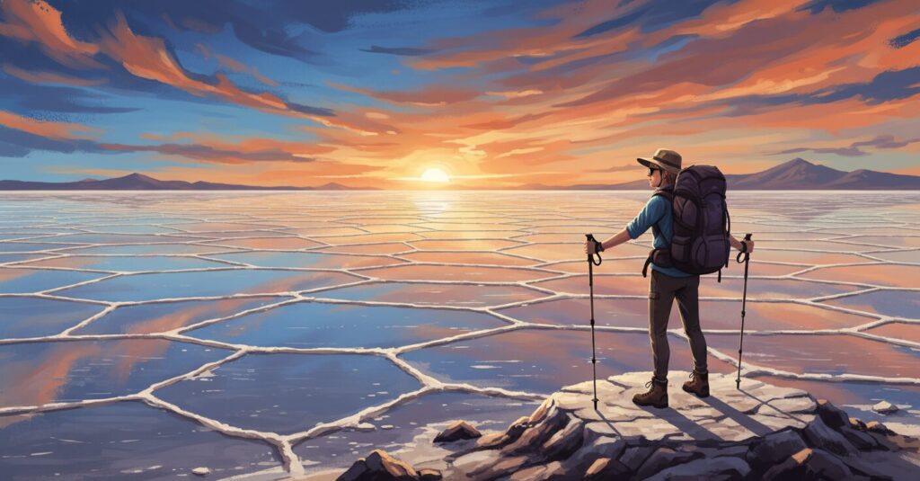 ボリビアのウユニ塩湖の壮大な景色と、安全に旅行するための注意点を象徴するイメージ。