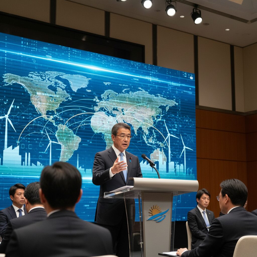 高市新内閣の経済産業大臣、赤沢亮正氏が演説する様子。経済成長と国際貿易を象徴する背景。