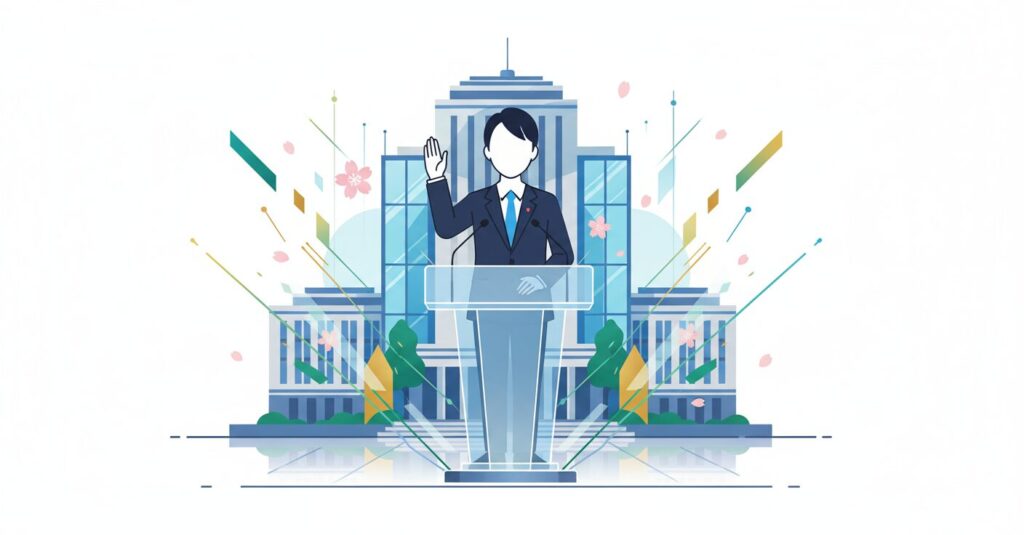 高市新内閣で厚生労働大臣に初入閣した上野賢一郎氏のイメージ。リーダーシップと政策への期待を表す。