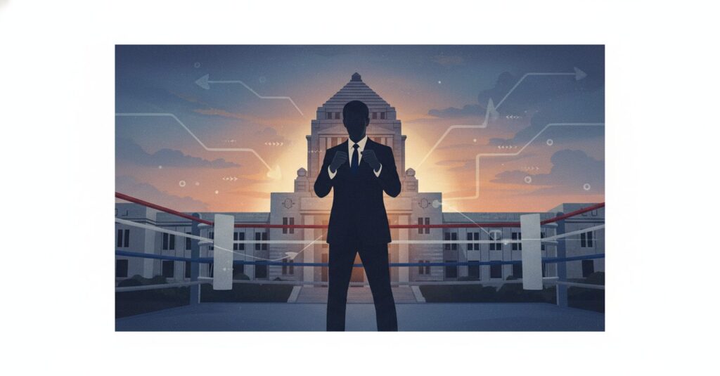 赤間二郎氏の政治家としての活動とボクサーとしての過去を象徴する画像。