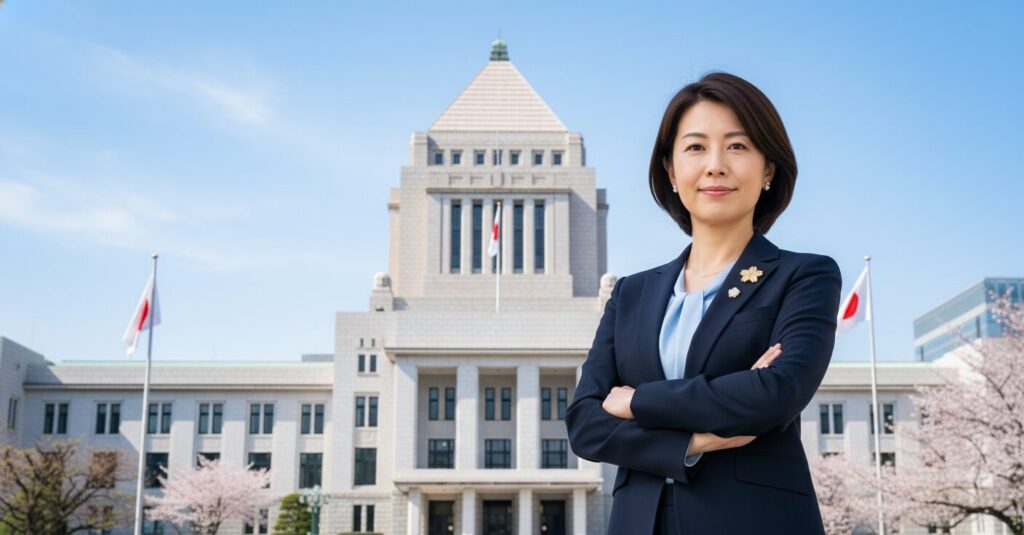 国会議事堂を背景に立つ、意志の強そうな女性政治家のイメージ。日本の国旗や桜のモチーフが背景に subtly 描かれている。
