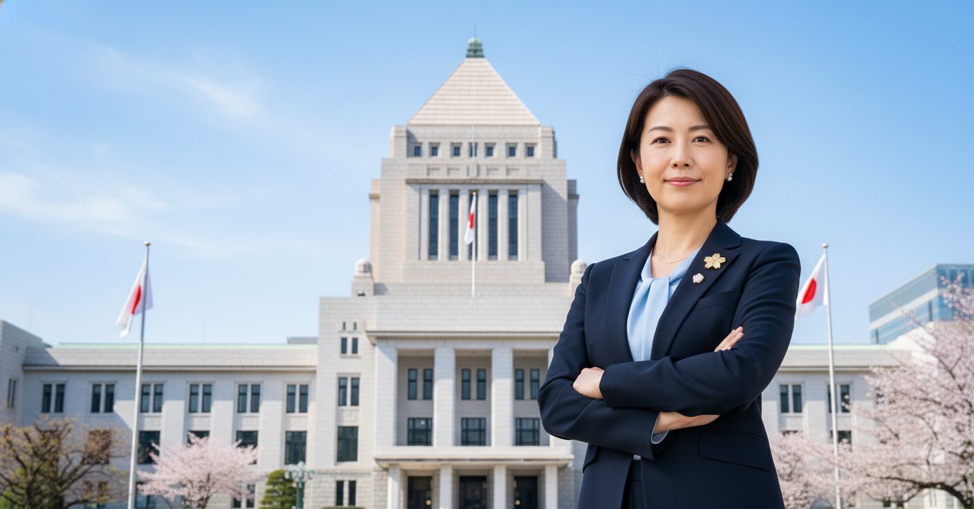 国会議事堂を背景に立つ、意志の強そうな女性政治家のイメージ。日本の国旗や桜のモチーフが背景に subtly 描かれている。
