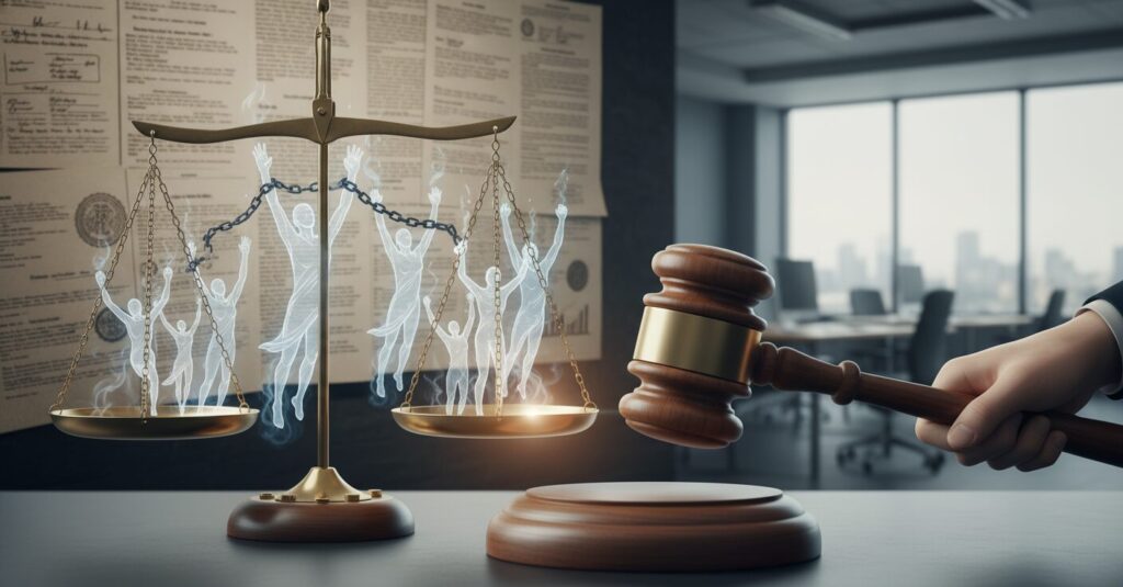 退職代行モームリが家宅捜索を受けた様子を象徴する画像。天秤と木槌が描かれている。