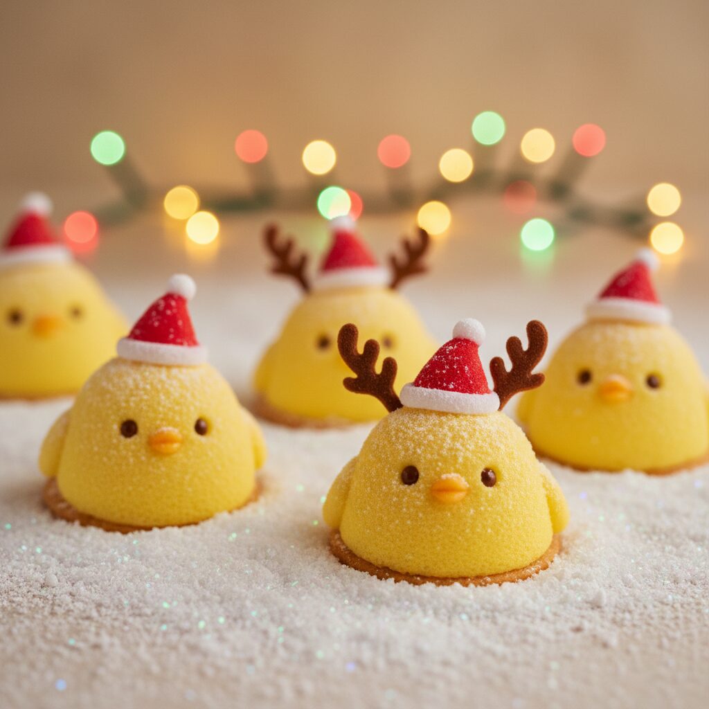 サンタ帽とトナカイの角をつけたぴよりんクリスマスケーキが並ぶ、華やかなクリスマスの食卓のイメージ