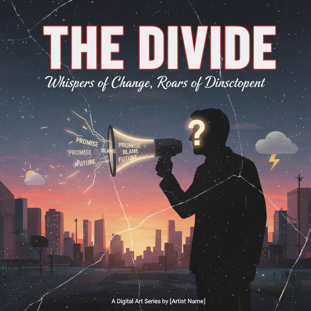 群衆の前で演説する匿名性を帯びたリーダーのイラスト。希望と不満が混じり合う顔つきの聴衆と、分断された都市の背景が描かれている。