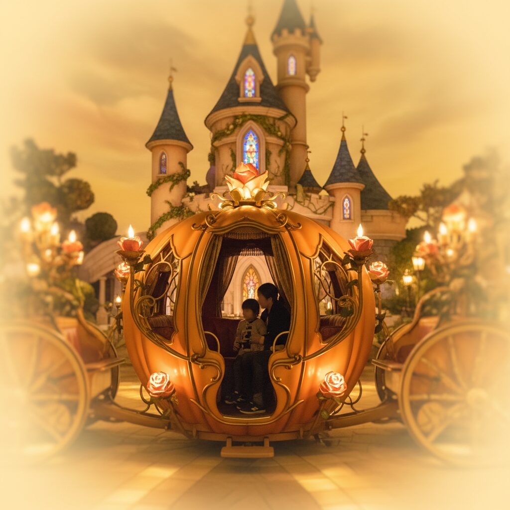 東京ディズニーランド「美女と野獣“魔法のものがたり”」の乗り物と、安全に座る家族のシルエット。
