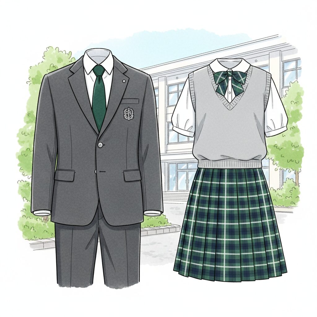 昌平高校の冬服（チャコールグレースーツ、グリーンのネクタイ）と夏服（ライトグレーベスト、チェックスカート、ブラウス）が並んだイラスト。