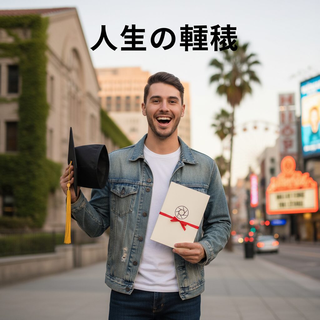 小泉孝太郎さんが卒業帽と台本を持ち、大学中退から俳優の道へ進む決意を表すイラスト。