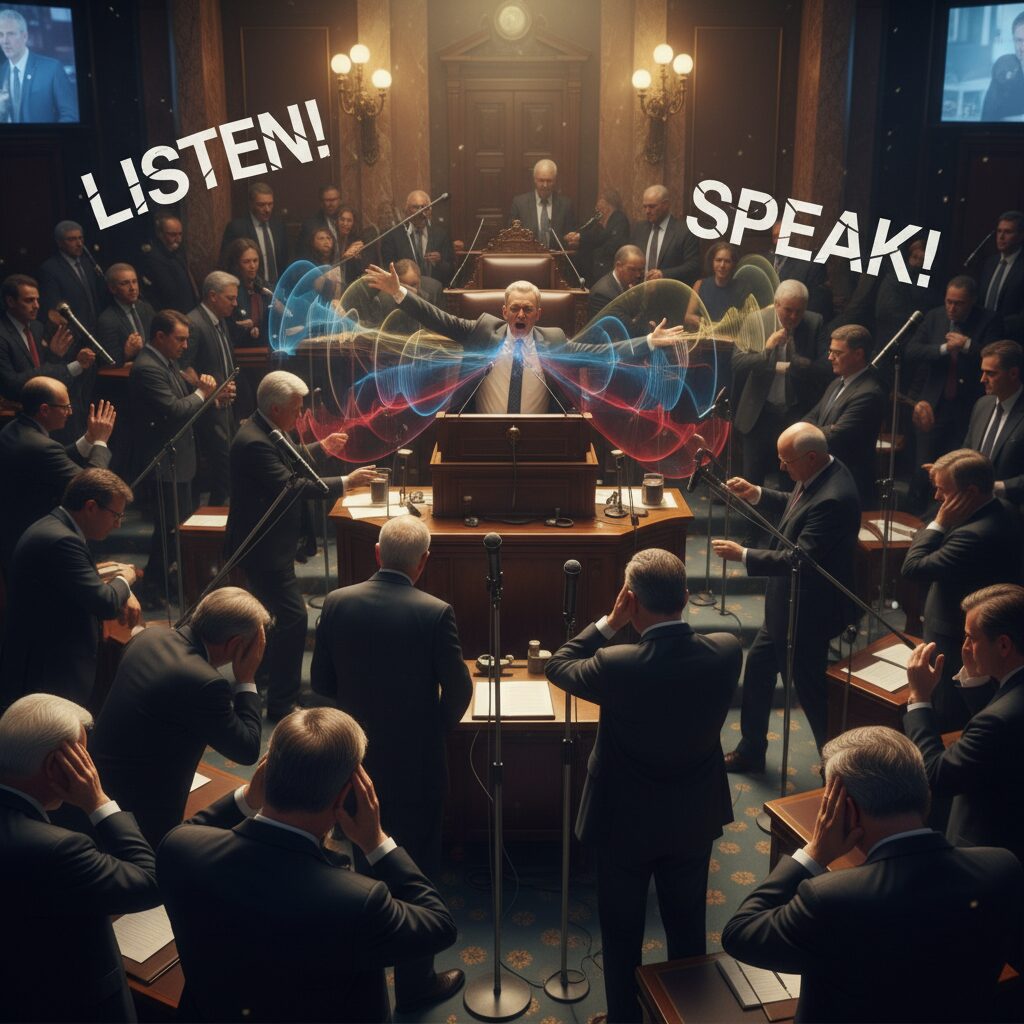国会議事堂内で議員が騒がしく、演説者が困惑している様子。ヤジが飛び交う状況と、それを聞く国民の視点を表現。