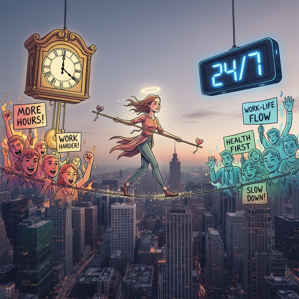 伝統的な時計とデジタル時計の間で綱渡りをする人々のイラスト。背景には都市の夜景が広がり、労働時間規制緩和を巡る賛成派と反対派の対立を表している。