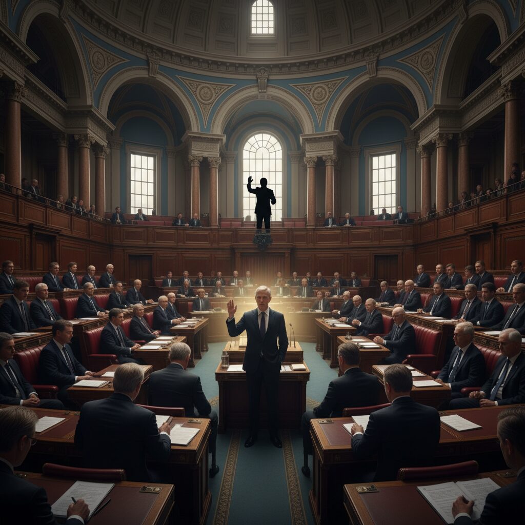 国会本会議場で演説中にヤジを飛ばし、物議を醸す議員の様子を描いたイラスト。