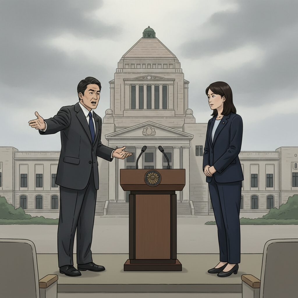 公明党斉藤代表が高市首相の所信表明演説に対して「独裁ではないか」と発言し、後に釈明したニュースのイラスト。