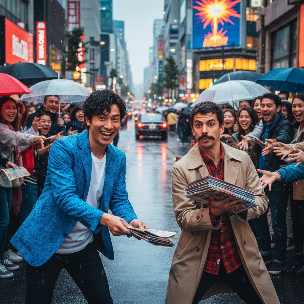 映画「爆弾」のゲリラプロモーションで新宿の街頭に立つ山田裕貴と佐藤二朗。雨の中、笑顔でチラシを配る二人にファンが熱狂している様子。