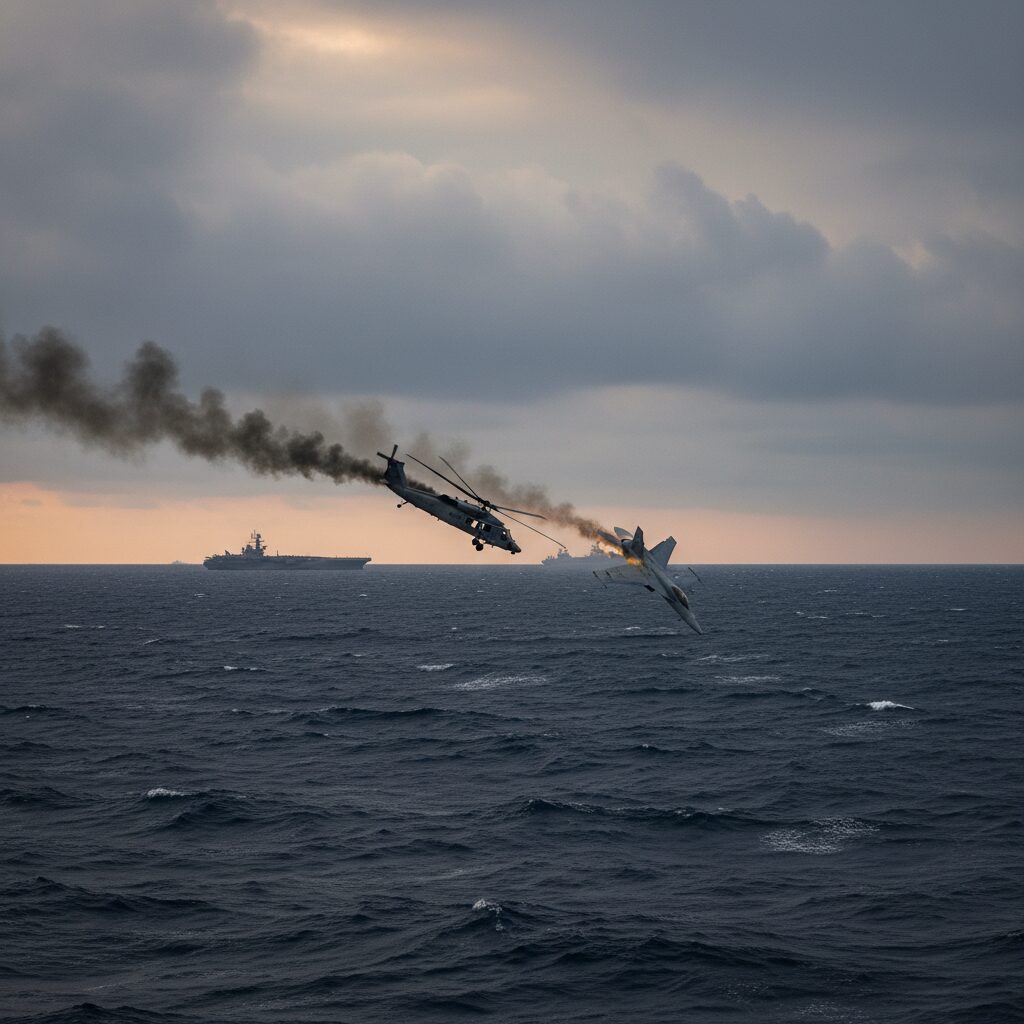 南シナ海で煙を上げる米海軍ヘリMH-60Rシーホークと戦闘機F/A-18Fスーパーホーネット。遠景に空母ニミッツ。