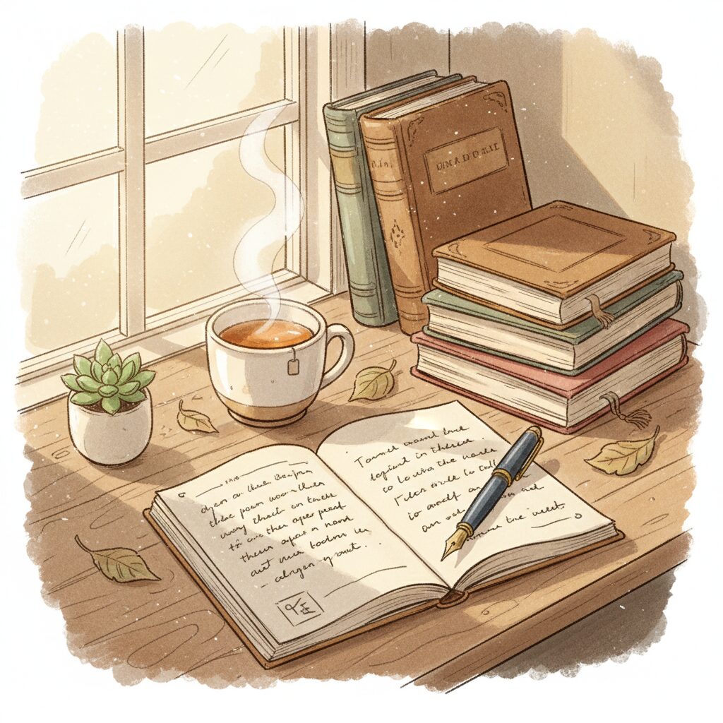 開かれた読書日記とペン、本、温かい飲み物が置かれた机の上の静かな読書風景