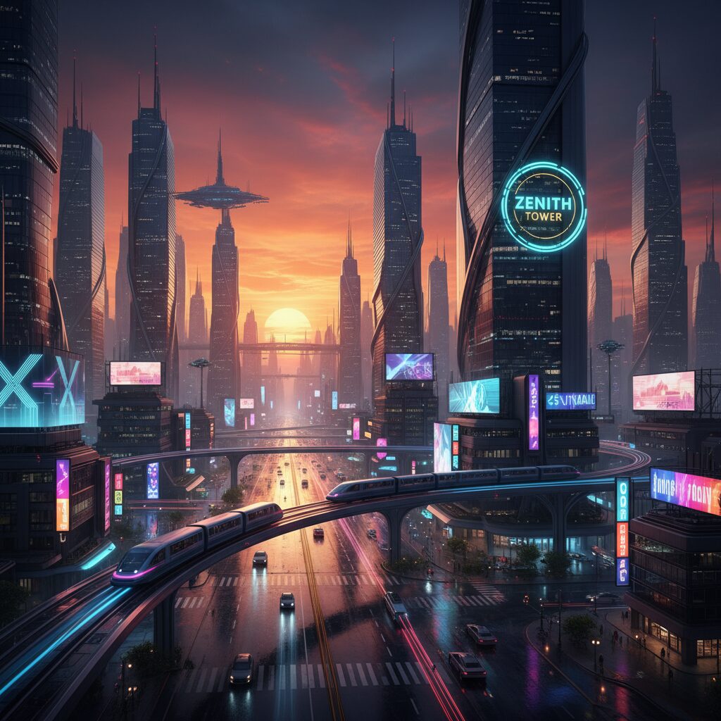 Futuristic city with neon lights at sunset, reflecting on wet streets.