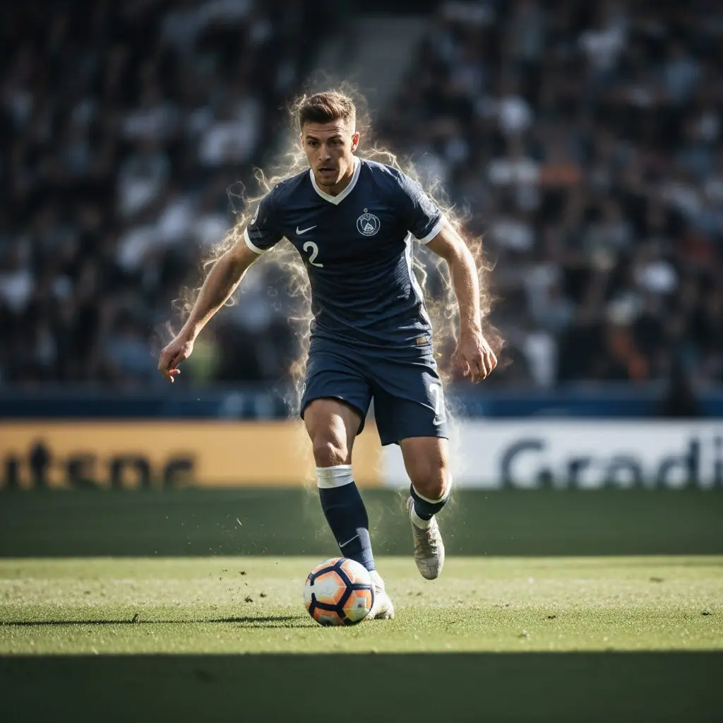 サッカーフィールドで躍動するジュード・ベリンガム選手の後ろ姿