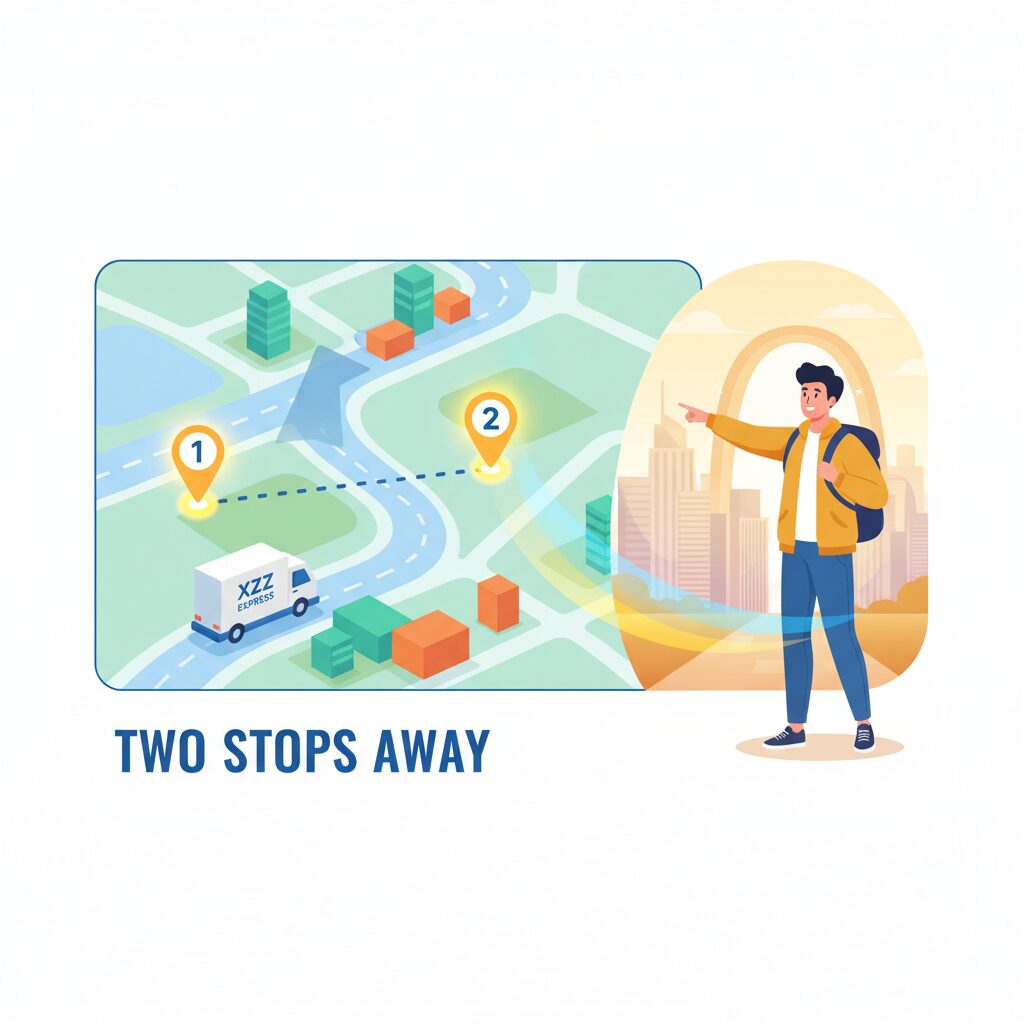 Amazonの配送状況を示す地図と、目標に向かって進む人のイラスト