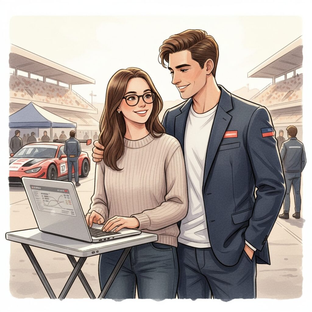 F1ドライバーのオスカー・ピアストリ選手と、その長年の恋人であるリリー・ゼイマーさんが笑顔で寄り添う姿のイラスト。背景にはレースのパドックがぼんやりと見える。