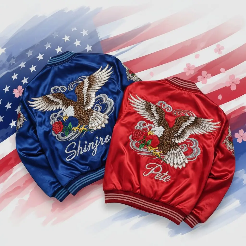 小泉防衛大臣とヘグセス国防長官に贈られた、タカとバラの刺繍が施された特注の青と赤のスカジャン。