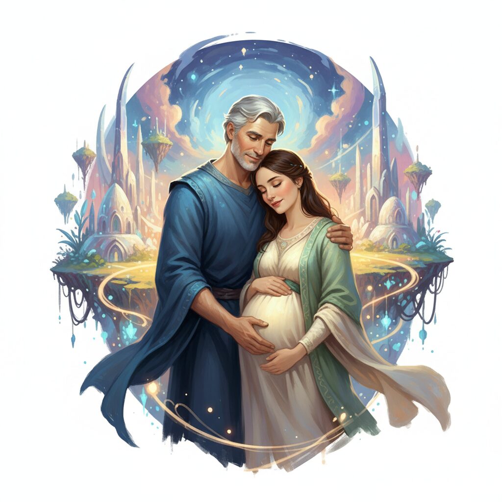 俳優の笠原紳司と女優の高宗歩未が結婚と妊娠を発表した、温かいニュースを象徴するイラスト。