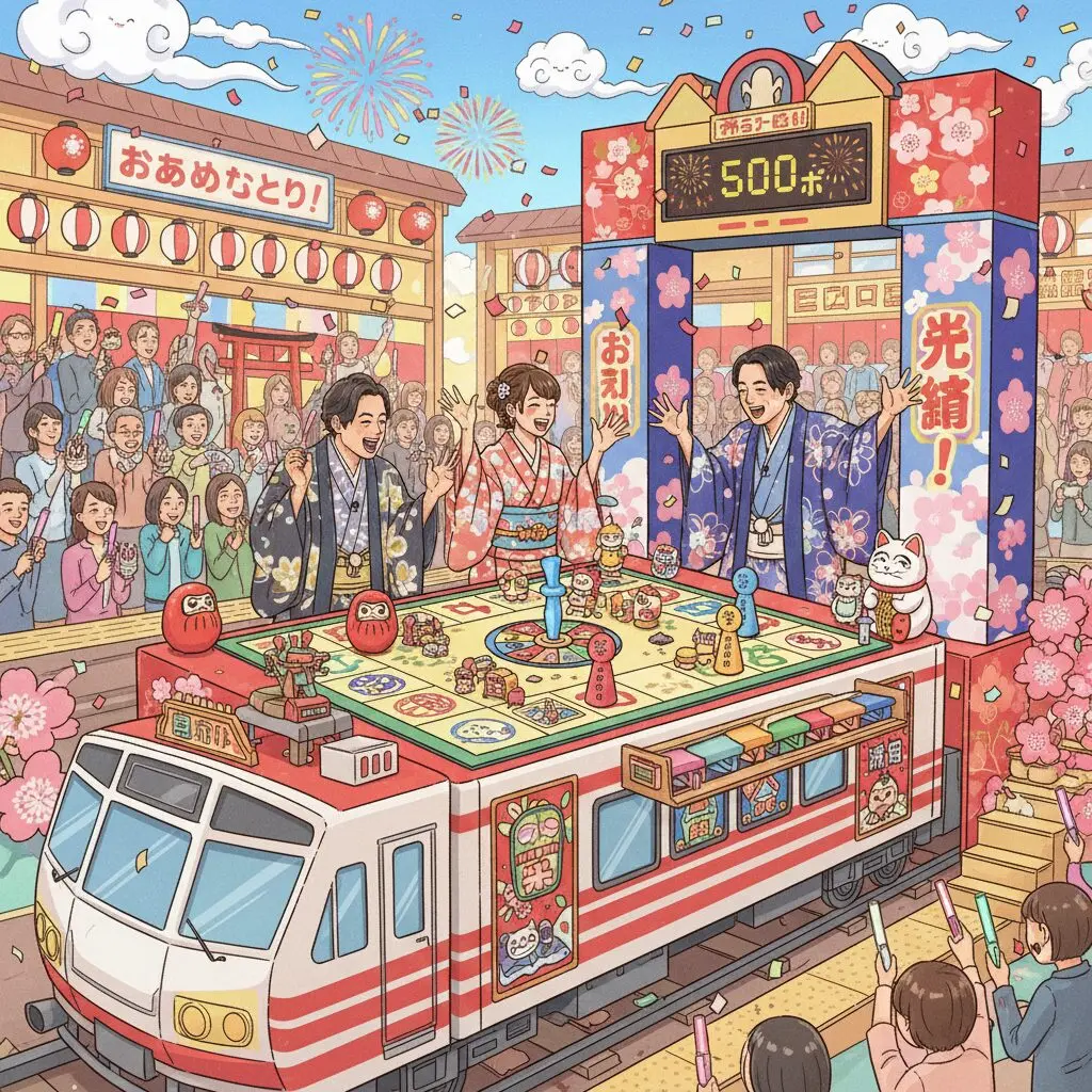 『桃太郎電鉄2 ～あなたの町も きっとある～』のCM発表会に登壇した石井杏奈さん、Snow Manの佐久間大介さん、霜降り明星のせいやさんの様子。