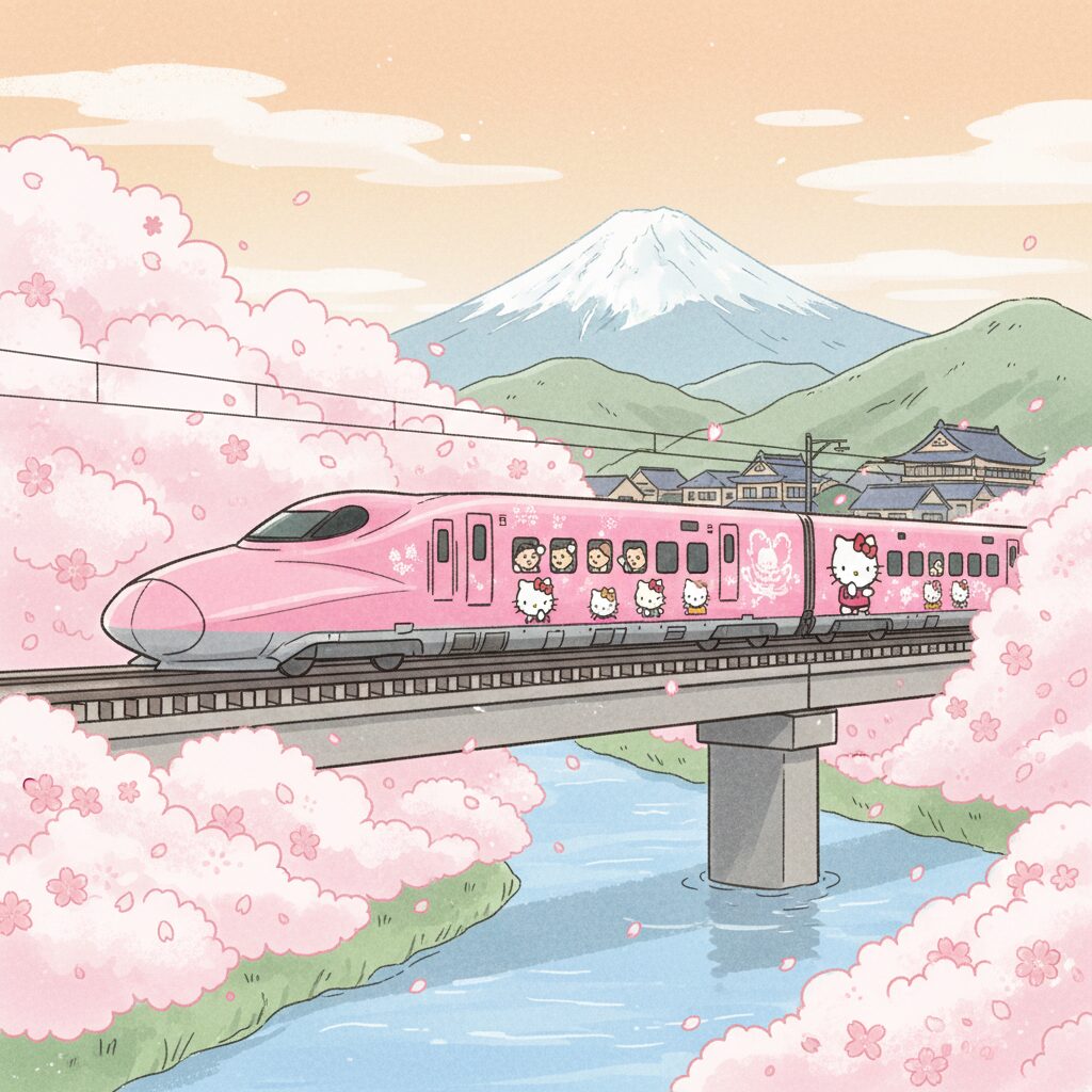 ピンク色のハローキティ新幹線が日本の美しい風景の中を走る様子。背景には山や桜が見え、運行終了を惜しむファンの気持ちが伝わるデザイン。