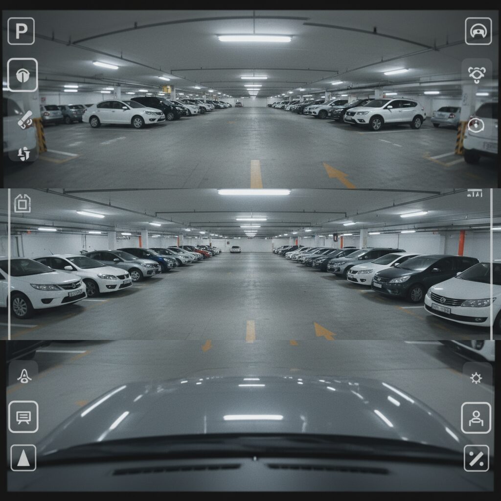 車のパノラミックビューモニターに映る、わずかにずれた駐車場の映像。トヨタのリコール対象車種の問題を示すイメージ。