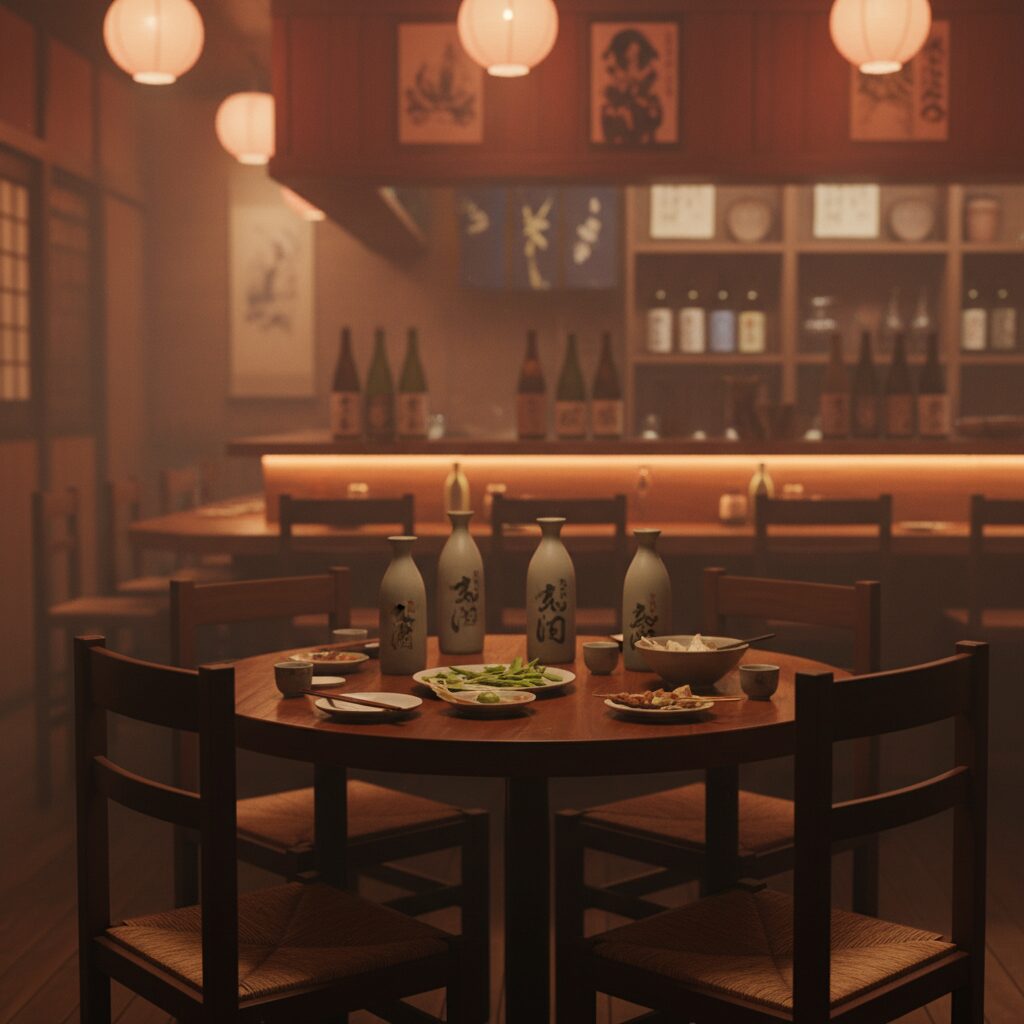 円卓と酒のツマミが置かれた、ひっそりとした居酒屋の風景