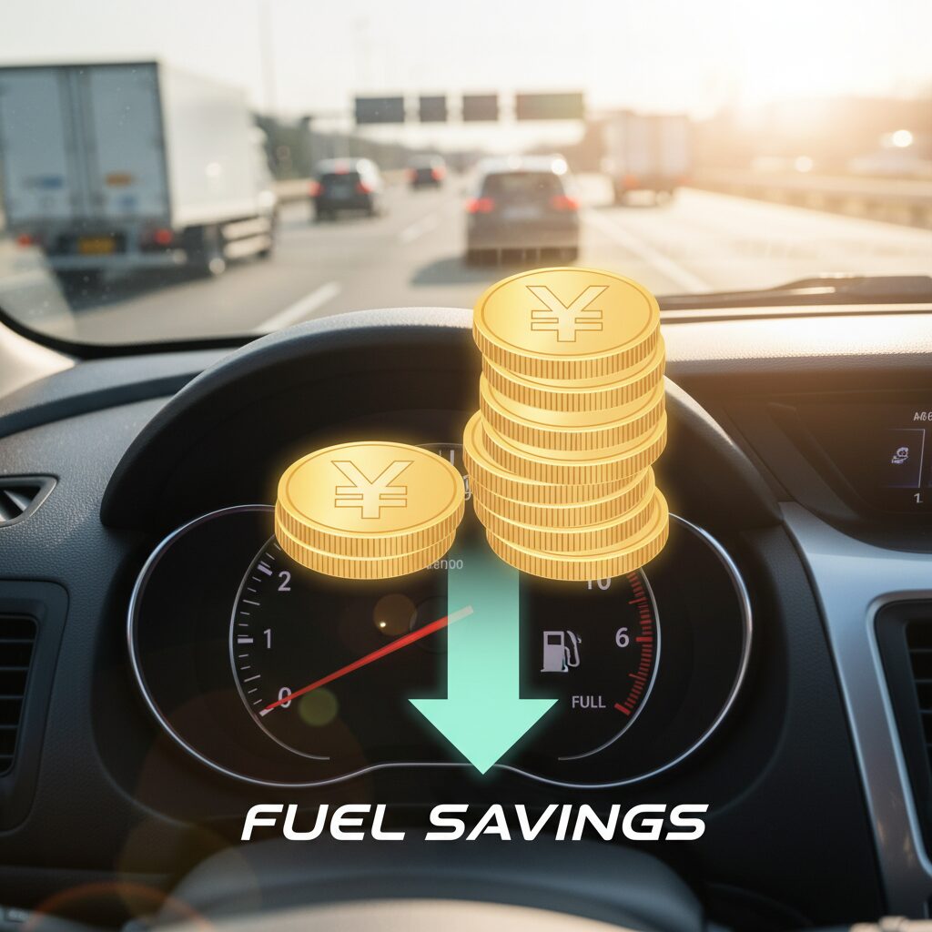 ガソリンメーターと円硬貨、値下げを示す矢印のイメージ