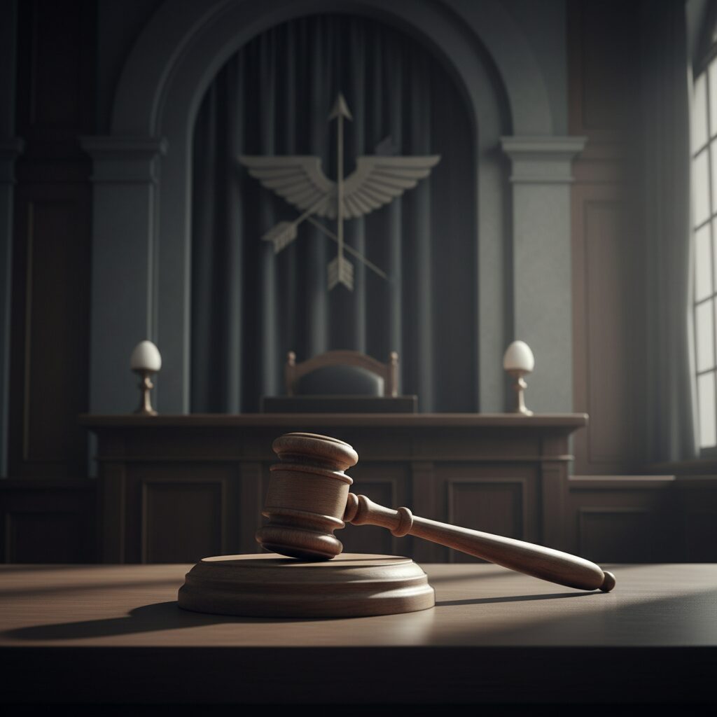 裁判の法廷で判決が下される瞬間のイメージとボーガンのシルエット