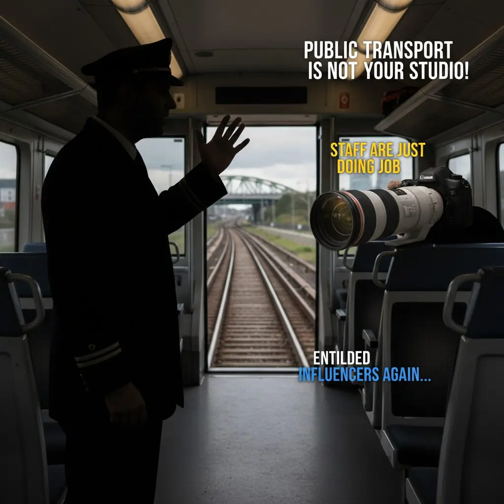 遠州鉄道の車掌が中指を立てる行為を巡る、車掌と撮り鉄の関係性、そしてSNSでの議論を象徴するイメージ。