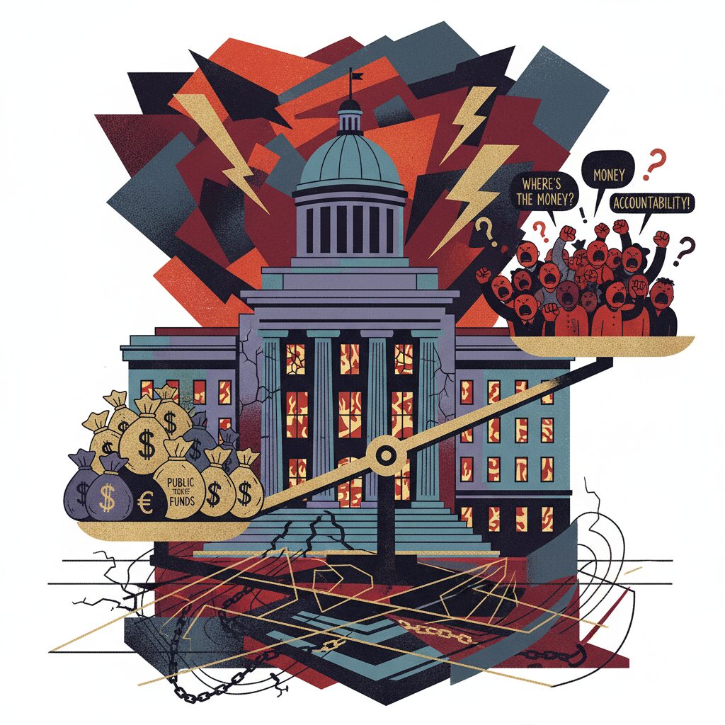 伊東市長退職金問題の象徴的なイラスト、税金と市民の意見の対立