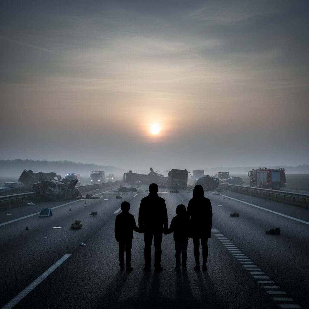 首都高6人死傷事故現場の夜明け、悲しみに暮れる遺族のシルエット。