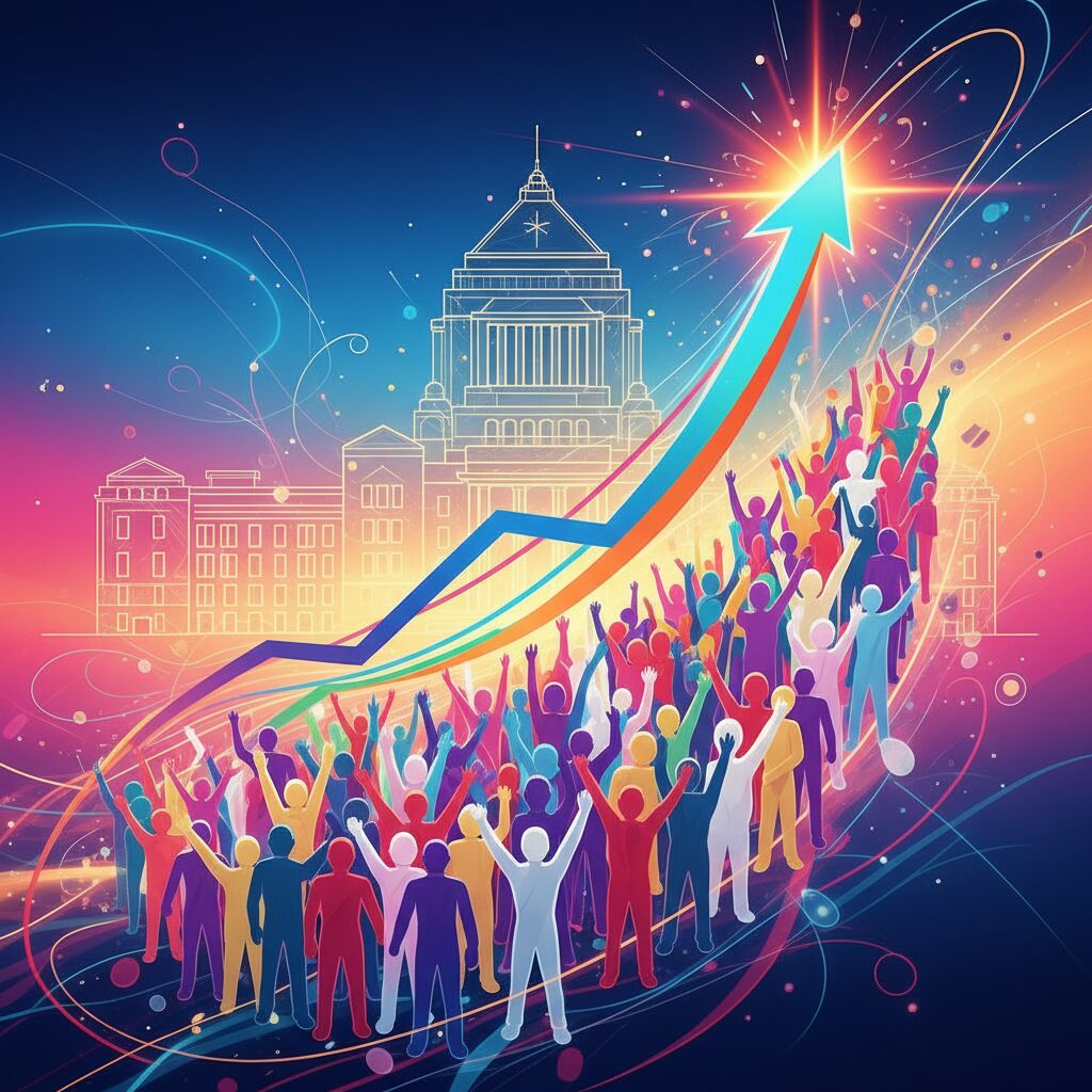 高市内閣の支持率上昇を示すグラフと、多様な人々、国会議事堂のシルエット。