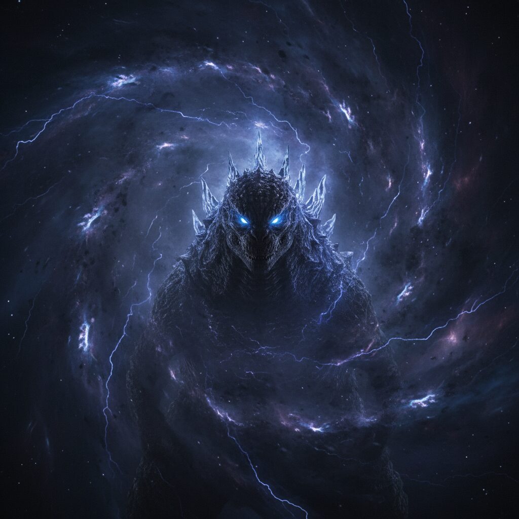 暗い虚空から現れるゴジラ。新作『ゴジラ-0.0』の神秘的な雰囲気。