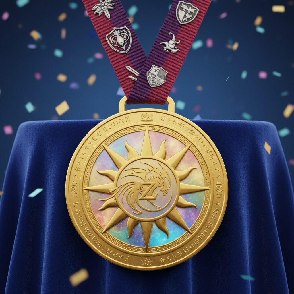 ゲームデザイナー堀井雄二氏が旭日小綬章を受章したことを祝う象徴的な画像。