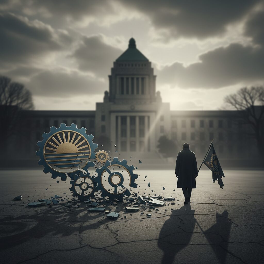 社民党の党旗が破れ、一人の議員が去っていく象徴的なイメージ